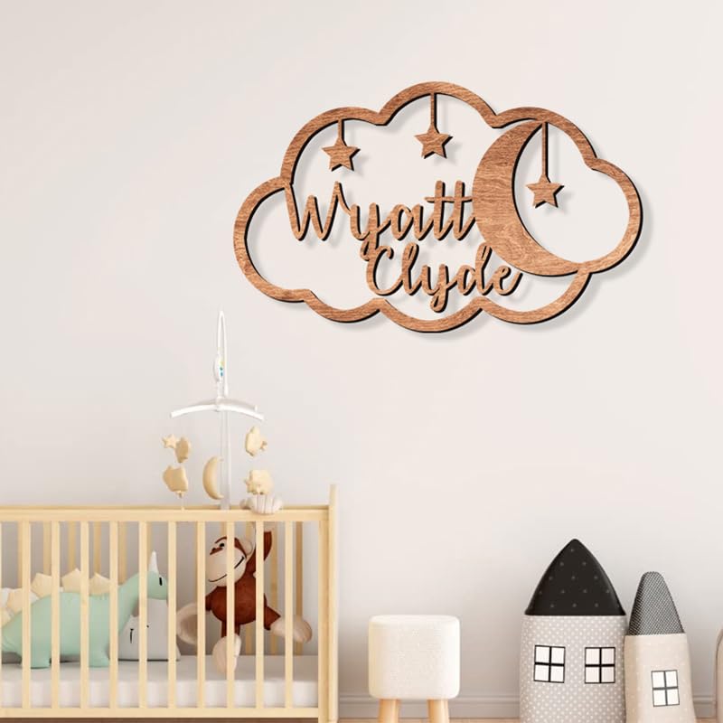 Custom baby name signs for nursery, Moon and clouds nursery wood sign, Boho nursery decor, Stars and moon nursery decor, Name sign for nursery, - WoodArtSupply