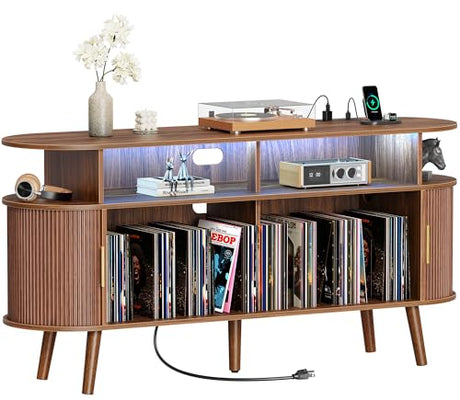 PRAISUN 54 Inch Larger Record Player Stand with Power Outlets & 3-Color Lights, Vinyl Record Stand with 2 Fluted Cabinets, USB-C Port, Mid Century Modern Player Stand, Open Storage, Walnut PRAISUN