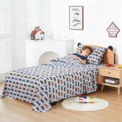 Viviland 3 Pieces Boys Grey Twin Sheet Set - Soft Microfiber Fitted Flat Sheets & Pillowcase - Retro Train Print Bedding Sets - for Kids & Toddlers Viviland