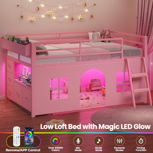 ADORNEVE Low Loft Bed Twin Size with Tent, 5 Storage Drawers, LED Lights, Metal Kids Loft Bed with Bookcase & Under-Bed Play Space,Twin Loft Beds with 13.8''H Safety Guardrail,Inclined Ladder, Pink ADORNEVE