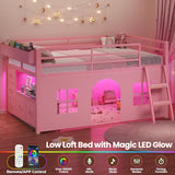 ADORNEVE Low Loft Bed Twin Size with Tent, 5 Storage Drawers, LED Lights, Metal Kids Loft Bed with Bookcase & Under-Bed Play Space,Twin Loft Beds with 13.8''H Safety Guardrail,Inclined Ladder, Pink ADORNEVE
