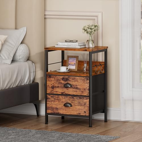 Furologee Rustic Brown Nightstands Set with 2 Fabric Drawers and Hooks - WoodArtSupply