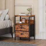 Furologee Rustic Brown Nightstands Set with 2 Fabric Drawers and Hooks Furologee