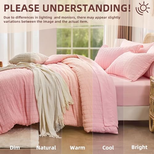 FUANNA Pink Full Size Comforter Sets 7 Pieces, Luxury Seersucker Bed in a Bag Full for All Seasons, Soft Bed Sets with Comforter, Flat Sheet, Fitted Sheet, Pillowcases & Shams for Bedroom FUANNA