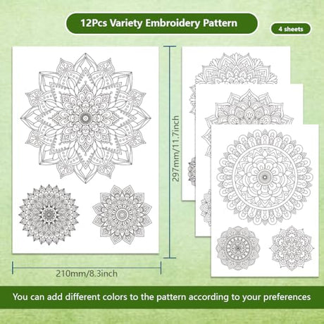 BENECREAT 4 Sheets 12 Pcs Mandala Water Soluble Embroidery Pattern, Stick and Stitch Embroidery Paper Designs, Embroidery Starter Kit for DIY Craft, Sewing Embroidery BENECREAT