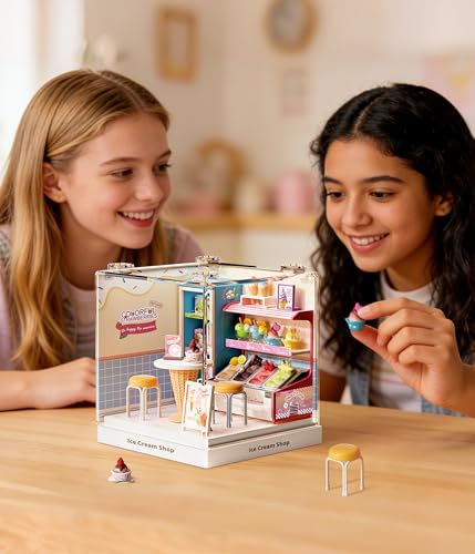 Tkmango Ice Cream Shop Super Miniature House Kit - DIY Plastic 3D Model Building Set for Adults & Teens, Build Your Own Sweets Dessert Shop with Dustproof Case, Creative Craft Gift for Girls Women