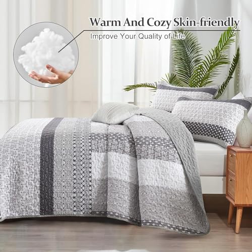 WONGS BEDDING Grey Quilt King Size, Bohemian Stripe Quilt Sets 3 Pieces Boho Quilted Bedspread Set Lightweight Microfiber Coverlet Bedding Set All Season (104"x90") WONGS BEDDING