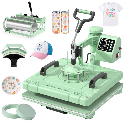 Slendor Heat Press 15x15 Inch 5 in 1 Heat Press Machine 360-Degree Swing Away Digital T Shirt Pressing Machine Multifunction Heat Transfer Sublimation Combo for T Shirts Mugs Hat Plate Cap,Green Slendor