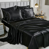 Black Satin Comforter Set,Queen Bed Set,Silk Like Satin Queen Comforter Set with Sheets,Silky Satin Bedding Set,Queen Bed in a Bag 8-Piece,Soft Smooth Sheets,Ruffled Luxury Bedding Set Bedbay