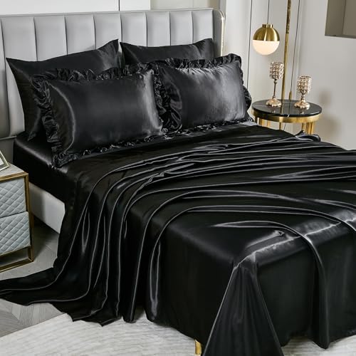 Black Satin Comforter King Size,Ruffle Bedding Set,Silk Like Satin King Comforter Set with Sheets,Silky Black Bedding Bed in a Bag,Soft Smooth Satin Sheets,8 Pcs Ruffled Luxury Comforter Set Bedbay