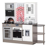 BRINJOY Kids Kitchen Playset, Wooden Toddler Kitchen Set w/Curtains, Coffee Maker, Storage Shelf, Stove,Sink, Utensils, Light & Sound, Kids Pretend Play Kitchen Toy Gift for Girls Boys (3-Stage) BRINJOY