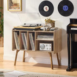 Lerliuo Record Player Stand with 4 Cabinet Holds Up to 220 Albums, Large Turntable Stand with Beech Wood Legs, Mid-Century Record Player Table Lerliuo