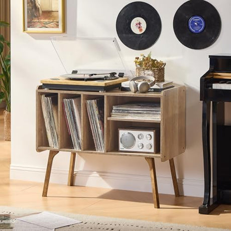 Lerliuo Record Player Stand with 4 Cabinet Holds Up to 220 Albums, Large Turntable Stand with Beech Wood Legs, Mid-Century Record Player Table Lerliuo