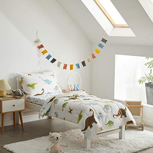 4 Pieces Toddler Bedding Set Dinosaur with Colorful Dinos and Monsters Toddler Comforter Sheet Set for Autumu and Winter Includes Comforter, Flat Sheet, Fitted Sheet and Pillowcase White UOZZI BEDDING