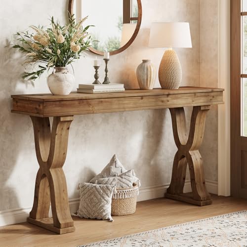 TRIBEWOOD 63-Inch Solid Wood Console Table, Farmhouse Entryway Table with X-Shaped Legs, Long Sofa Table for Living Room, Hallway, or Foyer, Easy Assembly, Anti-tip Kits TRIBEWOOD