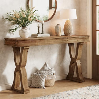 TRIBEWOOD 63-Inch Solid Wood Console Table, Farmhouse Entryway Table with X-Shaped Legs, Long Sofa Table for Living Room, Hallway, or Foyer, Easy Assembly, Anti-tip Kits