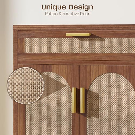 Curlaky Rattan Buffet Cabinet with Storage, Sideboard Cabinet with Doors and Shelves, Accent Coffee Bar with Drawers, Farmhouse Kitchen Storage Cabinets, Wood credenza for Entryway, Living Room Walnut Curlaky