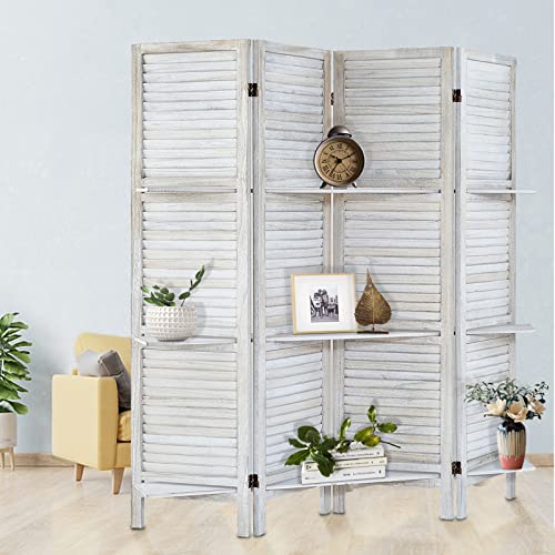 AMBITION LAND Room Divider with Shelves, Privacy Screen, Room Dividers and Folding Privacy Screens, 4 Panel Wood Temporary Wall Partition Separation Separator, Coconut AMBITION LAND