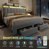 SHA CERLIN Velvet Queen Bed Frame with Vertical Channel Tufted Wingback Headboard & 2 Storage Drawers/2-Tier Shelves with LED Lights & Charging Station/Noise-Free/No Box Spring Needed/Light Grey SHA CERLIN