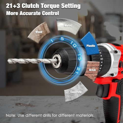 Cordless Drill Set, 20V Power Drill Kit with 2 X 2.0AH Battery, 44pcs Drill/Driver Bits, 1 Box Screws, Bubble Level, 3/8'' Chuck Electric Drill, 32NM, 21+3 Position, 2 Variable Speed KITLUCK