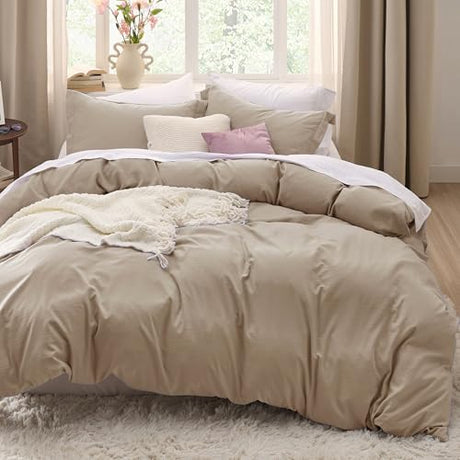 Bedsure Light Brown Duvet Cover Queen Size - 3 Pieces Prewashed Cotton-Like Extra Soft Bedding Set, Includes 1 Duvet Cover 90x90 Inches with Zipper Closure & 2 Pillow Shams, Comforter Not Included Bedsure