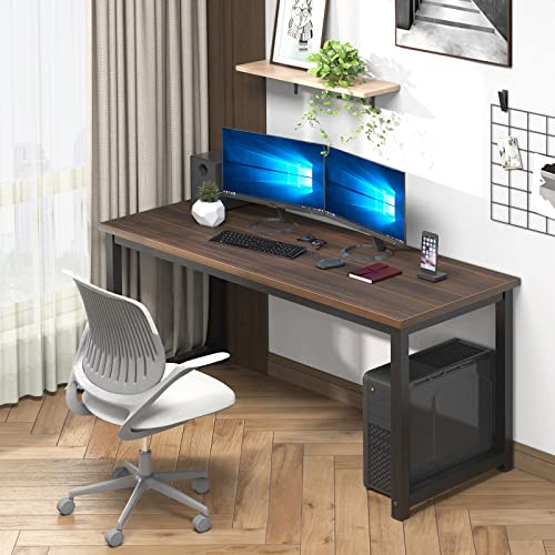NSdirect Large Office Desk for Home Office, Large 63” Computer Desk Table, Wide Writing Study Desk for 2 Person, Metal Sturdy Frame Thicker Steel Legs, Black Chocolate NSdirect