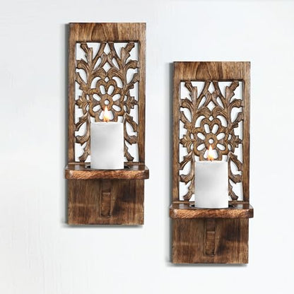 Wall Mounte Candle Sconces Set of 2, Decorative Wooden Candle Holder, Hand Carved Farmhouse Candle Sconce, Perfect for Living Room Bedroom Bedroom Kitchen Wall Decoration - 16 Inch - Burnt An - WoodArtSupply