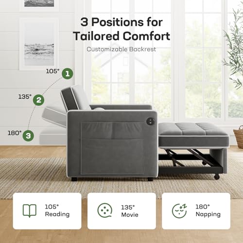 Marsail 3-in-1 Convertible Futon Sleeper Sofa Bed, Pull Out Couch with Adjustable Backrest, USB Charging & Side Pockets, Velvet Fabric Sofa for Living Room, Apartment, Loveseat, Grey Marsail