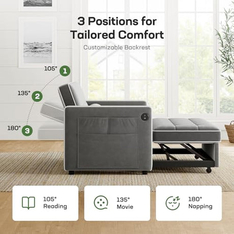 Marsail 3-in-1 Convertible Futon Sleeper Sofa Bed, Pull Out Couch with Adjustable Backrest, USB Charging & Side Pockets, Velvet Fabric Sofa for Living Room, Apartment, Loveseat, Grey Marsail