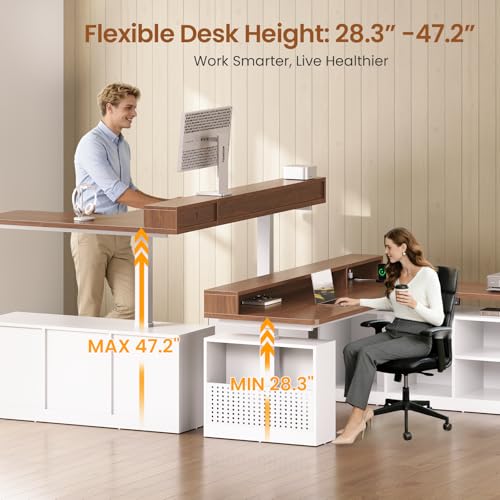 SEDETA L Shaped Electric Standing Desk, 63 inch Gaming Computer Desk with Storage Shelves and LED Lights, Height Adjustable Office Desk with Power Outlet and Pegboard, Brown Desktop SEDETA