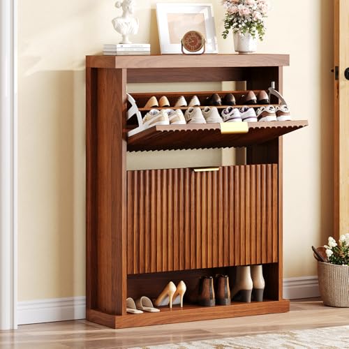 knoworld Walnut Shoe Cabinet Storage for Entryway,2 Flip Drawers with Toe Kick Space,Narrow Wood Fluted Shoe Rack Cabinet,Fluted Slim Shoe Cabinet for Foyer,Hallway knoworld