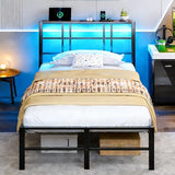VINGLI Twin Bed Frame with Storage Headboard, LED Lights, and Charging Station, Single Metal Platform Pannel Bed with Wooden Storage Shelf, Underbed Storage Space, Apartement, Black VINGLI