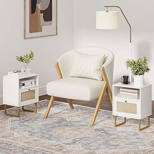 Masupu Rattan Nightstand,Modern Boho Farmhouse Wood Bedside Table with Storage Drawer and Open Shelf,Small Gold Frame Side End Table for Bedroom,Living Room,Office(White) Masupu