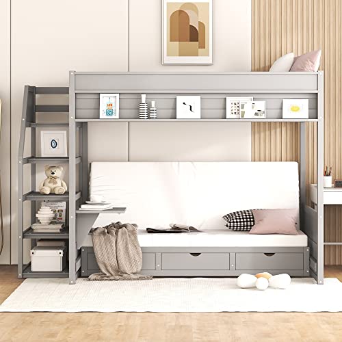 P PURLOVE Full Size Futon Bunk Bed with Storage,Full Over Full Futon Bunk Bed with Storage Staircase,Convertible Bed Frame with Bedside Table,can be Converted into Daybed P PURLOVE