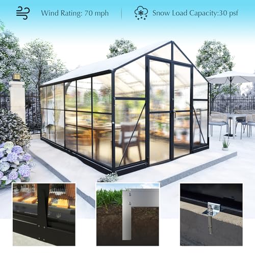 AMERLIFE 8x12x7FT Polycarbonate Greenhouse, Walk in Greenhouse with Quick-Connect System, Green House with 4 Vent Windows and Swing Lockable Door, Greenhouses for Outdoors, Sunroom Black AMERLIFE
