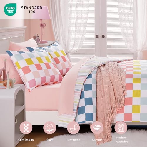 Wink Deer Twin Comforter Set for Girls-5 Pieces Colorful Check Twin Bedding Sets for Kids, Ultra Soft Bed in A Bag with Sheets Wink Deer