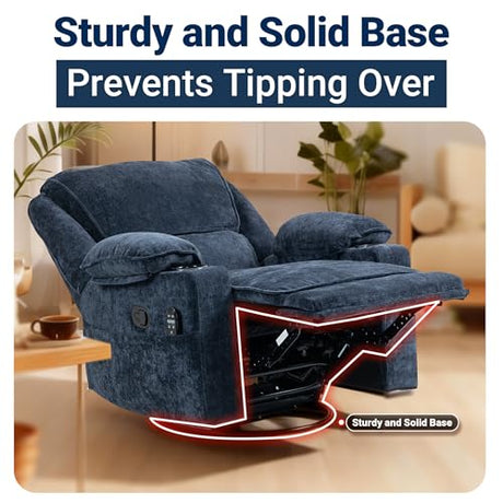 Culect 360° Swivel Rocker Recliner Multi-Functional Nursing Chair with Heating Massage, Manual Recliner Chair with Cup Holders, Lazyboy Recliner Chair for Living Room, Bedroom, Navy Blue Culect