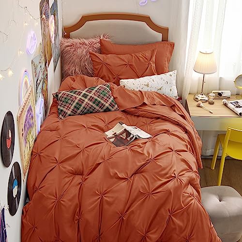 Bedsure Twin Comforter Sets - 5 Pieces Pintuck Bedding Sets Twin Size, Pinch Pleat Burnt Orange Bed in a Bag Twin with Comforter, Sheets, Pillowcase & Sham Bedsure