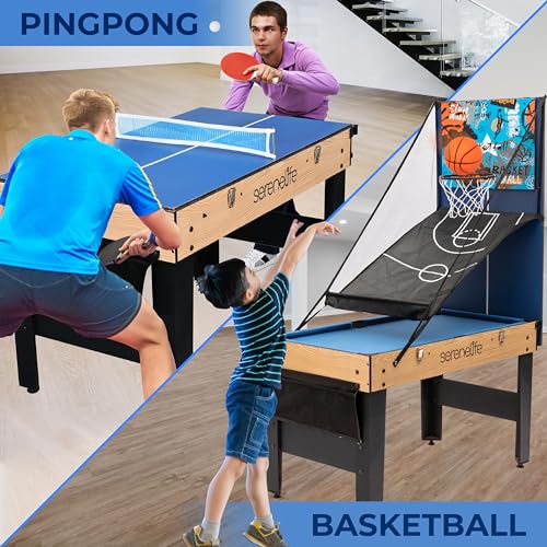 SereneLife 48" 6-in-1 Multi Game Table, Full-Size Indoor and Outdoor Arcade Sports Table with Pool, Air Hockey, Foosball, Basketball, Table Tennis, Dining Table, for Family, Kids, Adults SereneLife