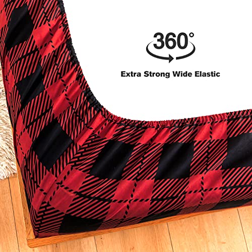 KACEMOO King Size Bed Sheets Set 4PC - Red Black Plaid Printed Sheet Soft Cooling 1800 Thread Count Brushed, 8-17'' Deep Pocket Kids Pattern Bed Sheet, Machine Washable Patterned Double Bedding Set KACEMOO