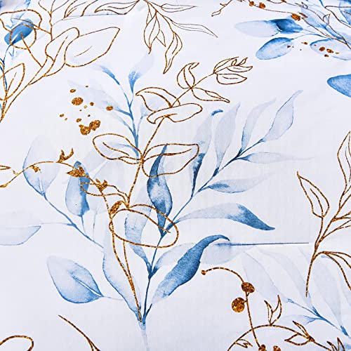 WONGS BEDDING Blue Comforter Set Full, 7 Pieces Botanical l Reversible Bed in a Bag Golden Blue Leaves Bedding Set Soft Microfiber (1 Comforter,2 Pillowcase,2 Pillow Shams,1 Flat Sheet,1 Fitted Sheet) WONGS BEDDING