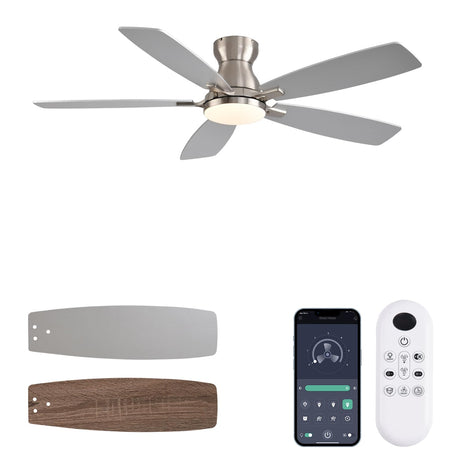 JSAITEE Ceiling Fans with Lights, 52 Inch Low Profile Ceiling Fan with Light and Remote Control, Flush Mount, DC Reversible Motor, Noiseless, Nickel 6 Speeds Ceiling Fan for Bedroom JSAITEE