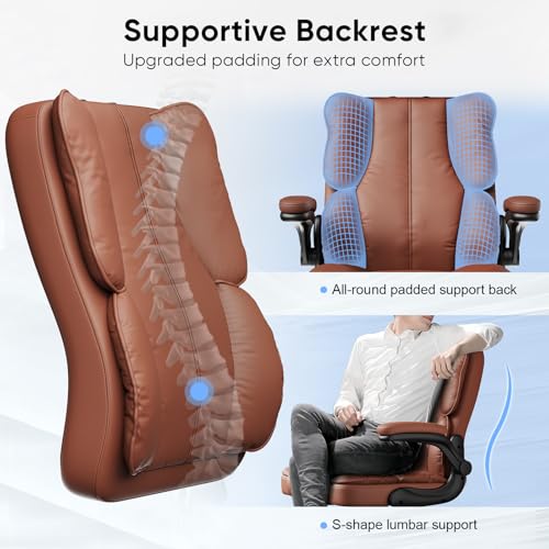 Kensaker Executive Leather Office Chair, Computer Chair with Thick Cushion & Lumbar Support, Ergonomic Desk Chair with Adjustable Headrest & Armrests,Brown Kensaker