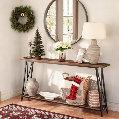 MAHANCRIS Console Table, 63" Industrial Entryway Table, Extra Long Sofa Table Behind Couch, X-Shaped Support, for Entryway, Hallway, Living Room, Rustic Brown CTHR4801Z MAHANCRIS