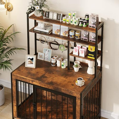 Halitaa 38.6" Dog Crate Furniture with Storage Shelves, Double Doors, Heavy Duty Dog Kennel Furniture for Large/Medium/Small Dogs, Wooden Dog Cage Pet House with Hooks, Rustic Brown Halitaa
