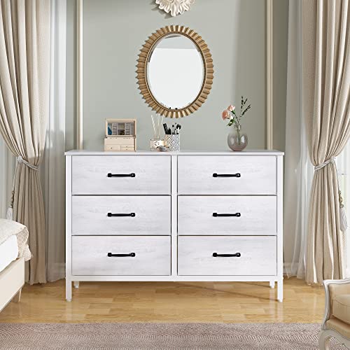 LYNCOHOME White Dresser with 6 Drawers, Wide Dresser for Bedroom and 50" TV, Entertainment Center with Metal Frame, Wooden Top, Fabric Drawers Dresser for Bedroom, Hallway, Entryway, White - WoodArtSupply