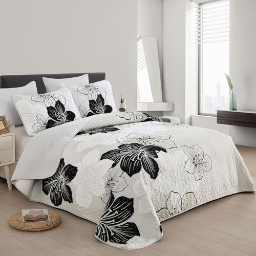 DJY Black White Quilt Set Queen 3 Pieces Floral Bedding Quilt Set Soft Botanical Bedspread with 2 Pillow Shams Lightweight Flower Quilt Coverlet Set for All Season 90''x 96'' DJY
