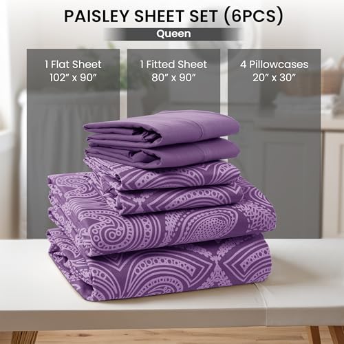 Ultra Soft Wrinkle-Free Microfiber Paisley Queen Sheet Set, Breathable Boho Bed Sheet Set – 16" Deep Pocket Fitted Sheet, Flat Sheet & 4 Pillowcases, Juegos de Sábanas, OEKO-TEX - Purple LDC LUX DECOR COLLECTION