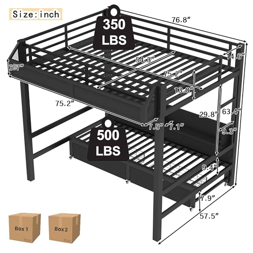 Bellemave Metal Full Over Full Size Bunk Bed Frame with Storage Drawers and Shelves,Heavy Duty Kids Bunk Beds with LED Lights and Charging Station for Teens,Adults,Convertible into a Sofa Bed,Black Bellemave
