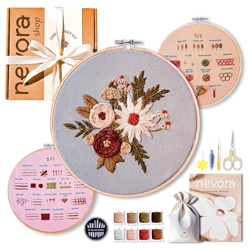 nevora shop 3 Hoop Embroidery Kit for Beginners Adults - Learn 32 Stitches with 3 Progressive Projects, Stamped Patterns, Video Tutorial & Free Organizer Bag.